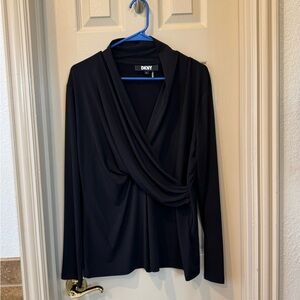 DKNY Black Wrap Blouse with V-Neckline and Long Sleeves